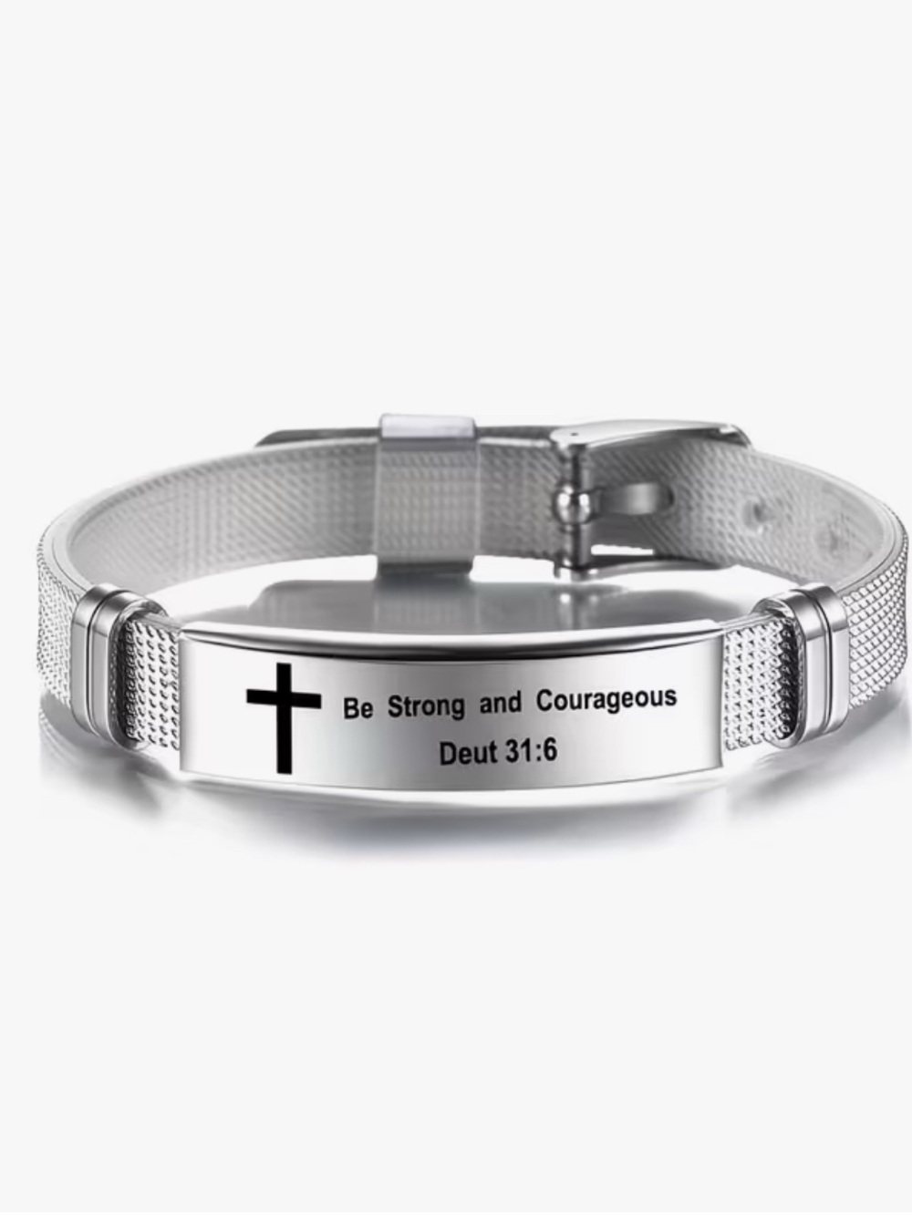 Silver Inspirational Cross ID Bracelet - "Be Strong and Courageous"